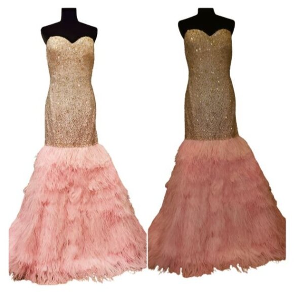 Evening Wedding Cocktail Runway Beaded Crystals Ostrich Feathers Couture Dress - Picture 12 of 16